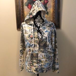 🌴Chico’s Tropical print classic hooded zip up, pockets, sweatshirt jacket